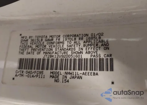 2002 Toyota Prius z USA, uszkodzony, nr VIN JT2BK12U920051601